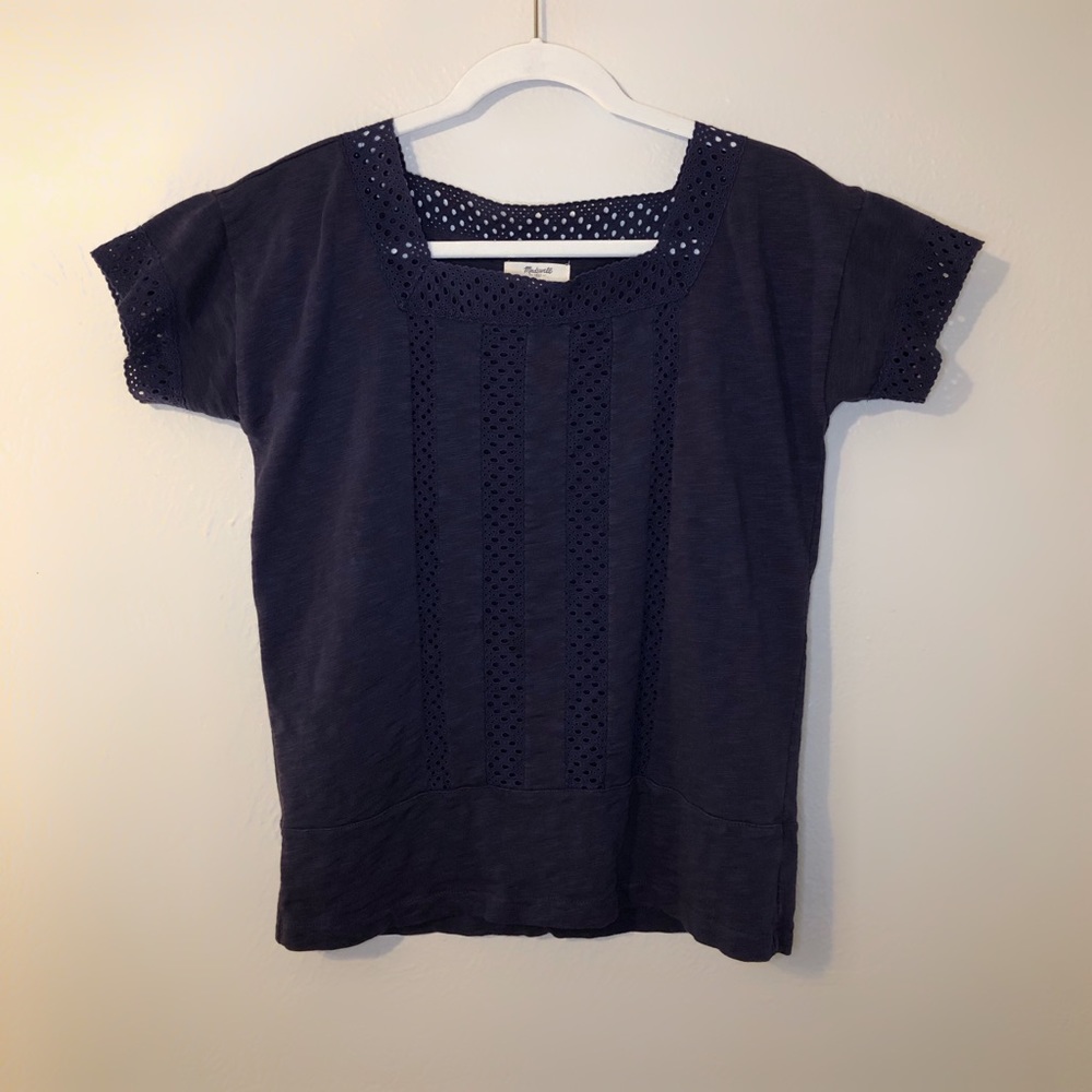 Madewell navy blue eyelet inset vignette top